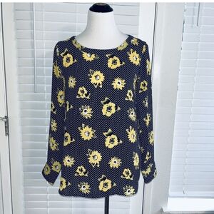 Banana Republic Navy Blouse with Yellow Floral Print
